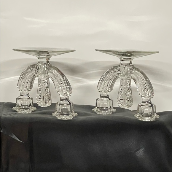 Pair Of Vintage Tiffin Glass Double Candlestick Holders‎ Etched Floral Clear EUC - Picture 7 of 11
